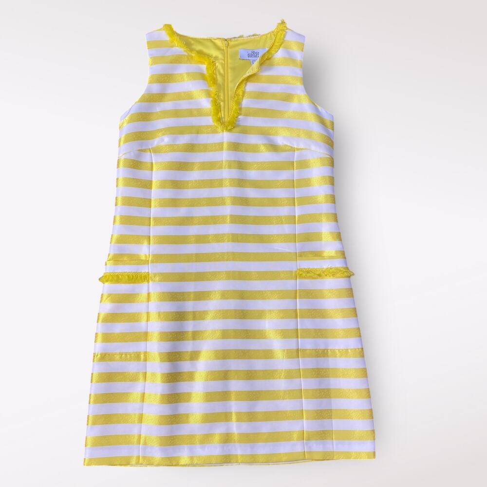 Badgley Mischka Belle Bright Yellow White Stripe Fringe Trim Sheath Dress Size 2